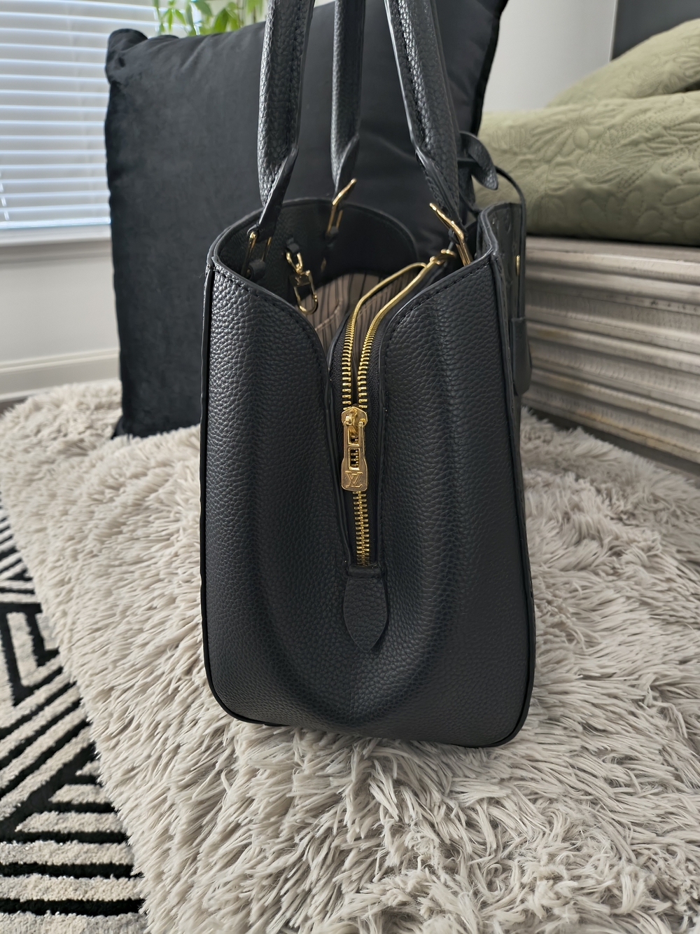 Black Pebbled Leather Tote Bag with Gold Hardware